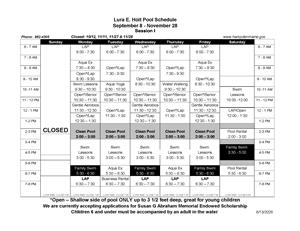 Pool schedule Sept. 8 -Nov28 2026